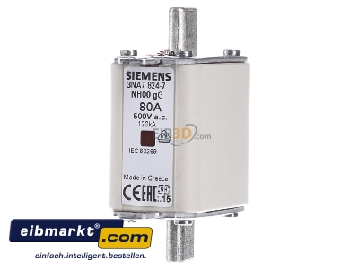 Frontansicht Siemens Indus.Sector 3NA7824-7 NH-Sicherungseinsatz G00 80A 500AC/250DCV 