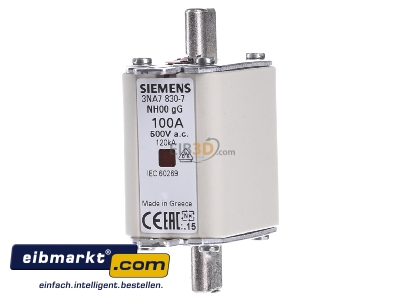 Front view Siemens Indus.Sector 3NA7830-7 Low Voltage HRC fuse NH00 100A - 
