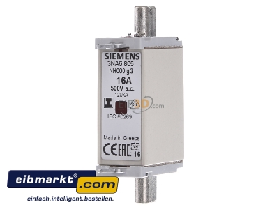 Front view Siemens Indus.Sector 3NA6805 Low Voltage HRC fuse NH000 16A
