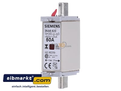 Front view Siemens Indus.Sector 3NA6820 Low Voltage HRC fuse NH000 50A
