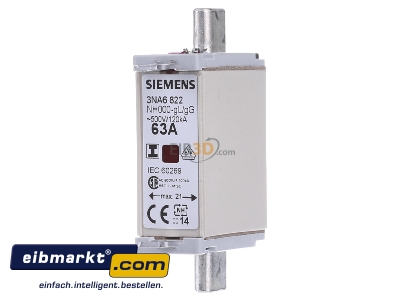 Front view Siemens Indus.Sector 3NA6822 Low Voltage HRC fuse NH000 63A

