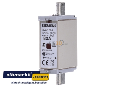 Front view Siemens Indus.Sector 3NA6824 Low Voltage HRC fuse NH000 80A
