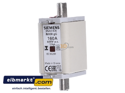 Front view Siemens Indus.Sector 3NA6836 Low Voltage HRC fuse NH00 160A - 
