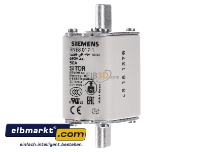 Front view Siemens Indus.Sector 3NE80171 Low Voltage HRC fuse NH00 50A

