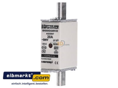 Frontansicht Mersen A222847 NH-ZERO-Sicherungseinsatz Gr.000, 20A AC500V NH000GG50V20