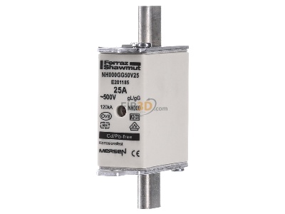 Frontansicht Mersen NH000GG50V25 NH-ZERO-Sicherungseinsatz 25A,Gr.000,AC500V 