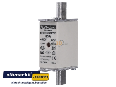 Frontansicht Mersen 1B655. NH-ZERO-Sicherungseinsatz 63A,Gr.000,AC500V 