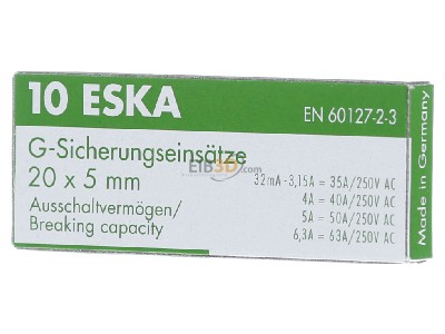 Frontansicht Eska 522.522 G-Sicherungseinsatz T 3,15A 5x20mm 