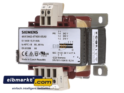 Front view Siemens Indus.Sector 4AM34424TN000EA0 One-phase transformer 242V/24V 100VA

