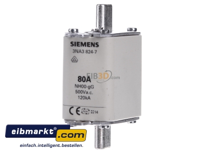 Frontansicht Siemens Indus.Sector 3NA3824-7 NH-Sicherungseinsatz G00 80A 500AC/250DCV 