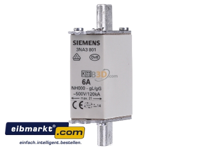 Frontansicht Siemens Indus.Sector 3NA3801 NH-Sicherungseinsatz G000 6A 500AC/250VDC 