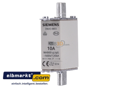 Frontansicht Siemens Indus.Sector 3NA3803 NH-Sicherungseinsatz G000 10A 500AC/250DC 