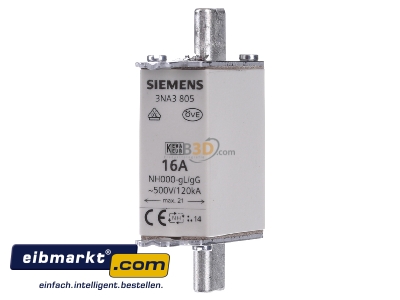 Front view Siemens Indus.Sector 3NA3805 Low Voltage HRC fuse NH000 16A
