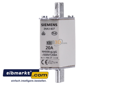 Frontansicht Siemens Indus.Sector 3NA3807 NH-Sicherungseinsatz G000 20A 500AC/250DC 