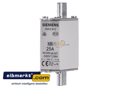 Front view Siemens Indus.Sector 3NA3810 Low Voltage HRC fuse NH000 25A

