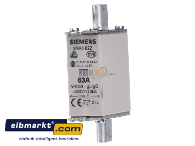 Frontansicht Siemens Indus.Sector 3NA3822 NH-Sicherungseinsatz G000 63A 500AC250VDC 