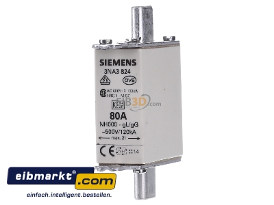 Front view Siemens Indus.Sector 3NA3824 Low Voltage HRC fuse NH000 80A
