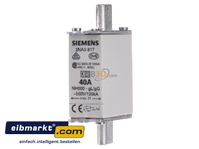 Frontansicht Siemens Indus.Sector 3NA3817 NH-Sicherungseinsatz G000 40A 500AC/250DC 