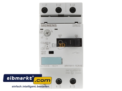 Front view Motor protective circuit-breaker 2,5A 3RV1011-1CA10 Siemens Indus.Sector 3RV1011-1CA10
