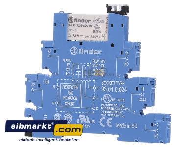 Frontansicht Finder 38.51.0.024.0060 Koppelrelais 6,2mm 1W 24VAC/DC 