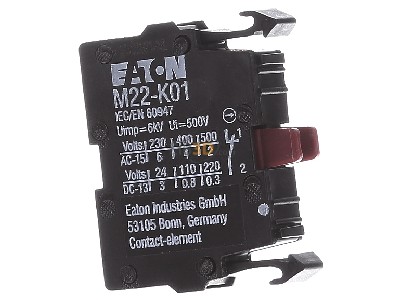 View on the left Eaton M22-K01 Auxiliary contact block 0 NO/1 NC 
