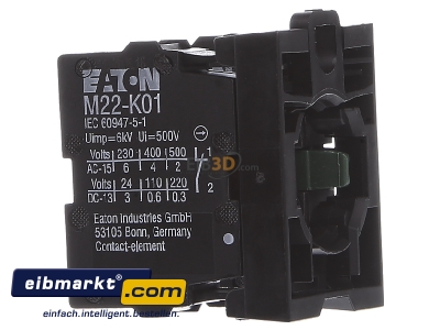 View on the left Eaton (Moeller) M22-AK11 Auxiliary contact block 1 NO/1 NC
