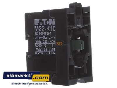 View on the right Eaton (Moeller) M22-AK10 Auxiliary contact block 1 NO/0 NC 
