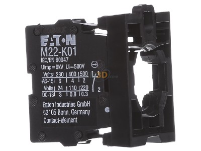 View on the left Eaton M22-AK01 Auxiliary contact block 0 NO/1 NC 
