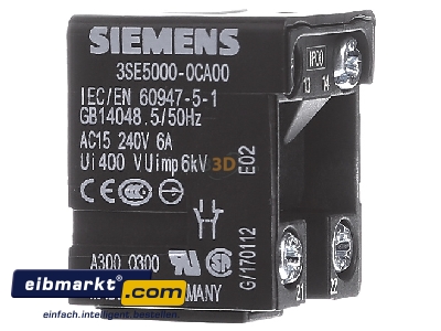 View on the left Siemens Indus.Sector 3SE50000CA00 Auxiliary contact block 1 NO/1 NC
