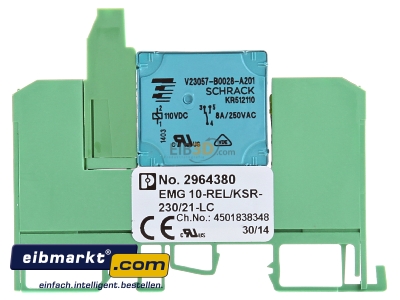 Front view Phoenix Contact EMG10-REL #2964380 Switching relay AC 230V DC 230V 6A EMG10-REL 2964380
