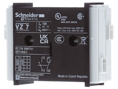 Front view Schneider Electric VZ7 Auxiliary contact block 1 NO/1 NC 
