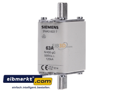 Frontansicht Siemens Indus.Sector 3NA3822-7 NH-Sicherungseinsatz Gr.00 63A 500VAC 