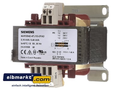 Front view Siemens Indus.Sector 4AM38424TJ100FA0 One-phase transformer 242V/110V 160VA
