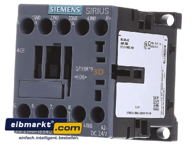 Front view Siemens Indus.Sector 3RH2140-1BB40 Auxiliary relay 0VAC 24VDC 0NC/ 4 NO
