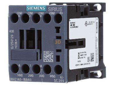 Front view Siemens Indus.Sector 3RH2140-1BB40 Auxiliary relay 0VAC 24VDC 0NC/ 4 NO
