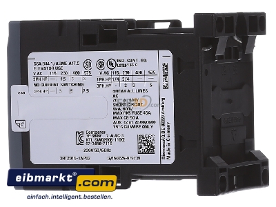 View on the right Siemens Indus.Sector 3RT2015-1AP02 Magnet contactor 7A 230VAC 0VDC
