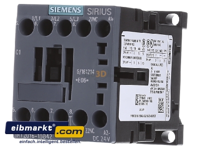 Front view Siemens Indus.Sector 3RT20161BB42 Magnet contactor 9A 24VDC

