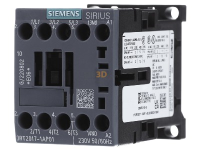 Front view Siemens 3RT2017-1AP01 Magnet contactor 12A 230VAC 0VDC 
