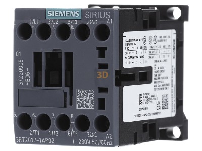 Front view Siemens 3RT2017-1AP02 Magnet contactor 12A 230VAC 0VDC 
