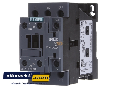 Front view Siemens Indus.Sector 3RT20281BB40 Magnet contactor 38A 24VDC
