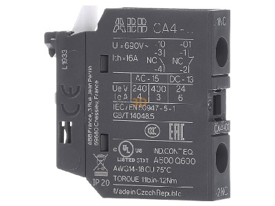 View on the left ABB CA4-01 Auxiliary contact block 0 NO/1 NC 
