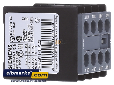 Ansicht links Siemens Indus.Sector 3RH29111FA22 Hilfsschalterblock 2S+2 3RH2911-1FA22