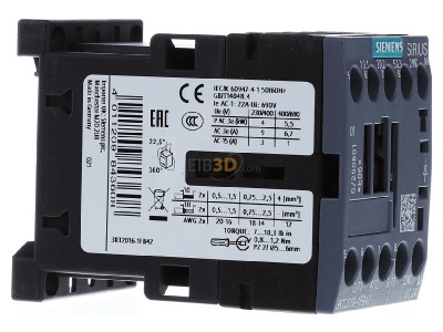 View on the left Siemens 3RT2016-1FB42 Magnet contactor 9A 24VDC 
