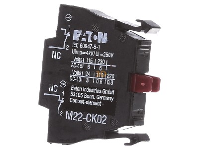 View on the right Eaton M22-CK02 Auxiliary contact block 0 NO/2 NC 
