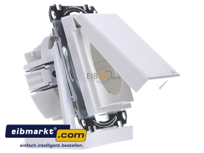 Ansicht links Merten MEG2414-0319 SCHUKO-Steckdose pws/gl m.Klappdeckel IP44 