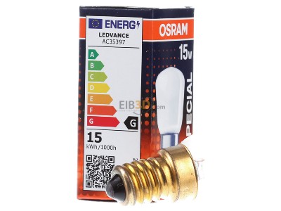 Ansicht links LEDVANCE SPC T26/57 FR15 Special-Lampe 15W 230V E14 Birne SPC.T26/57 FR15