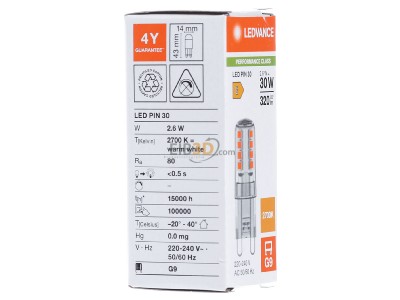 Ansicht links Ledvance LEDPIN30300P2.6827CL LED-PIN-Lampe G9 827, klar 