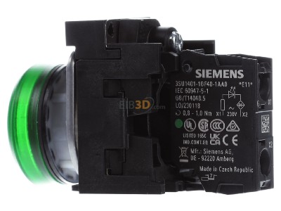View on the right Siemens 3SU1106-6AA40-1AA0 Indicator light green 230VAC 
