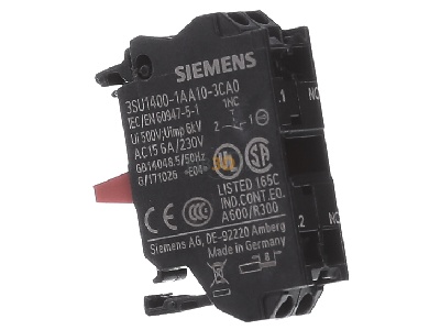 View on the left Siemens 3SU1400-1AA10-3CA0 Auxiliary contact block 0 NO/1 NC 
