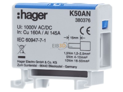 Front view Hager K50AN Feed-through terminal block 
